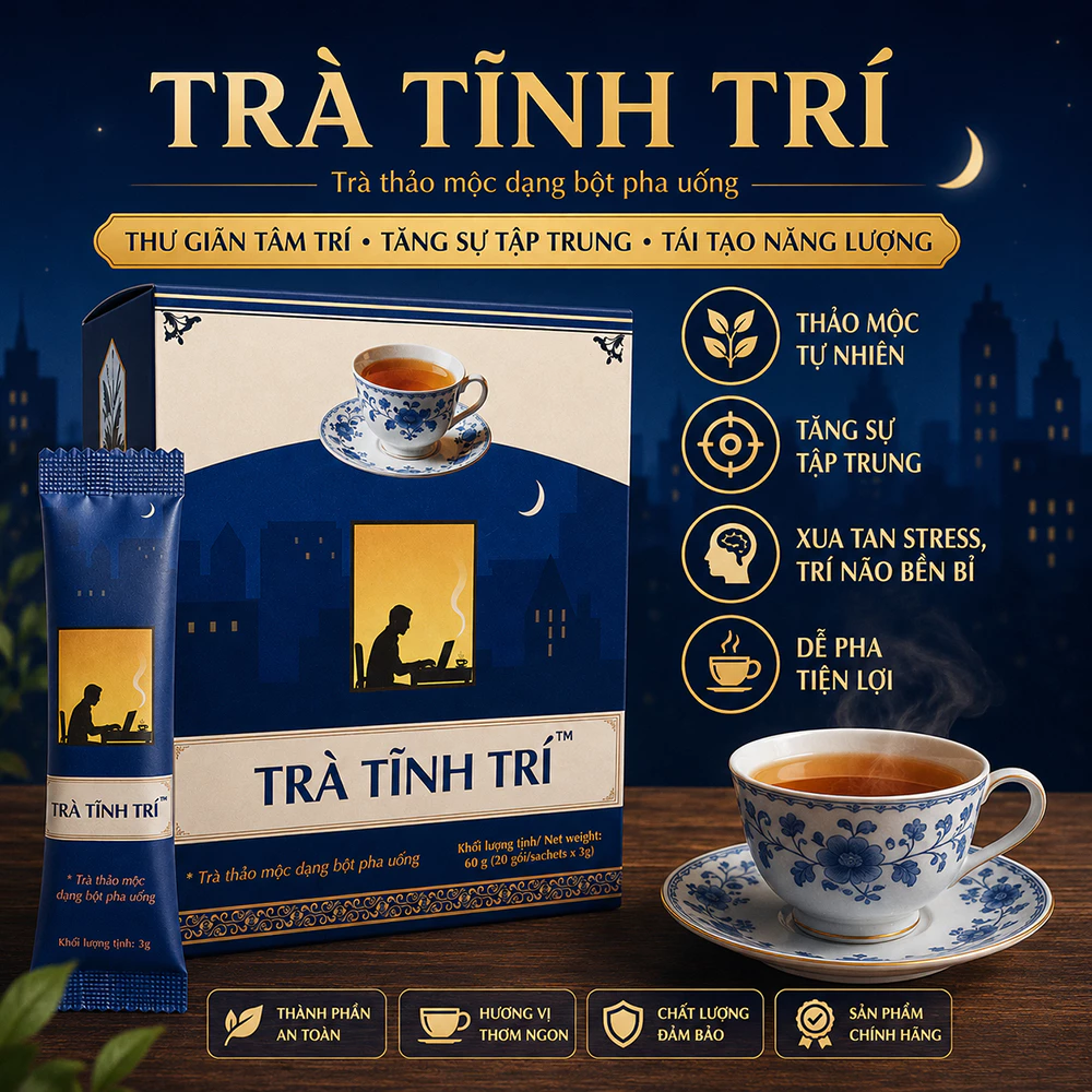 Hộp Trà Tĩnh Trí và tách trà thảo mộc nóng